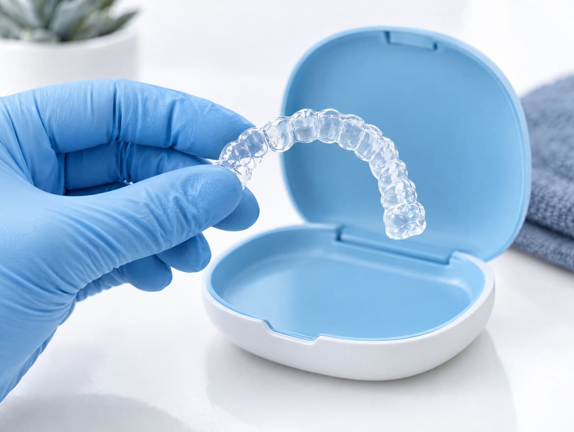 Aligneur transparent tenu par une main gantée au-dessus de son étui bleu