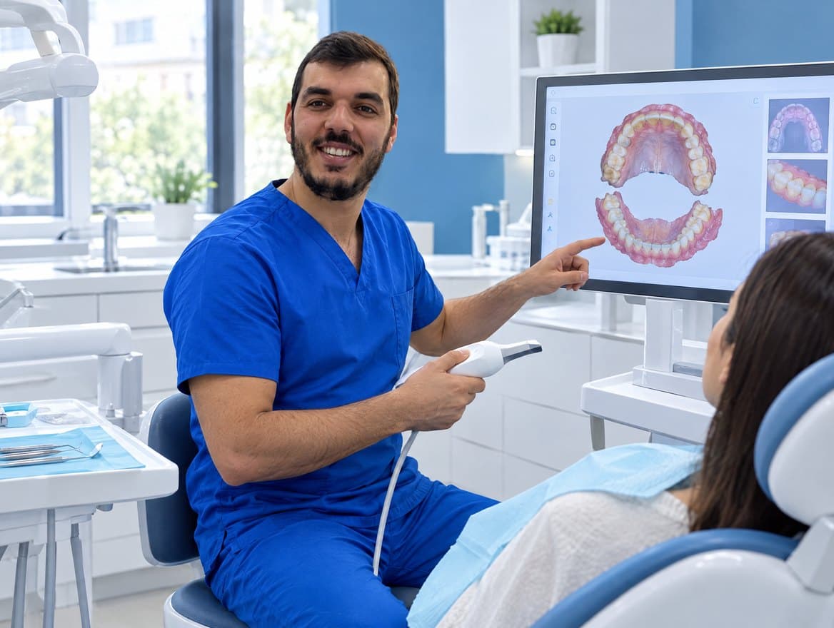 Dentiste présentant à une patiente un scan 3D de ses arcades dentaires