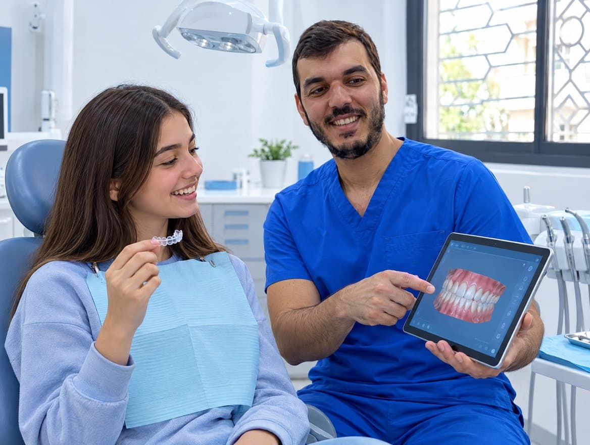 Dentiste montrant un modèle 3D des dents à une adolescente qui tient un aligneur