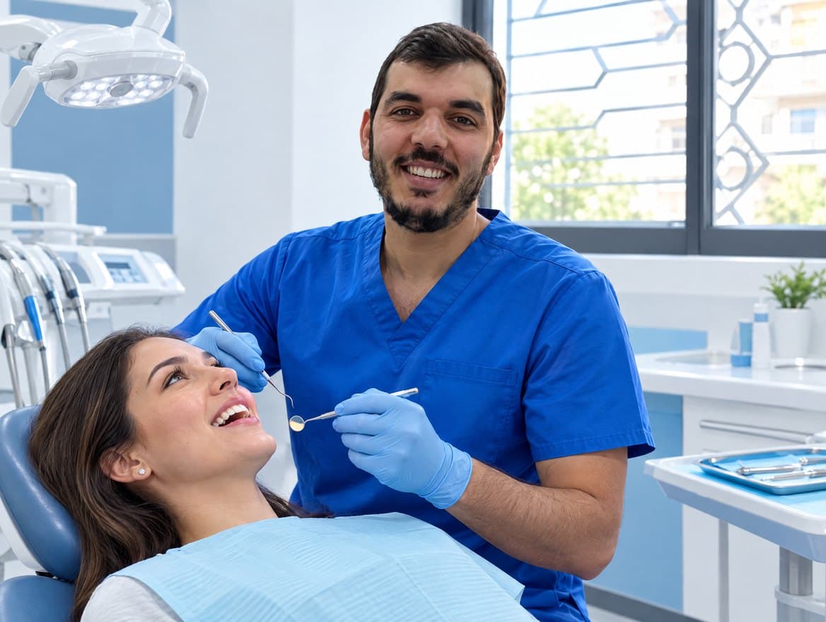Dentiste en tenue bleue examinant une patiente détendue au fauteuil